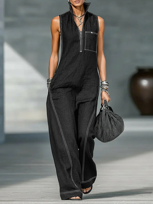 VVZ Women's Stand-Collar Sleeveless Loose-Fit Casual Jumpsuit