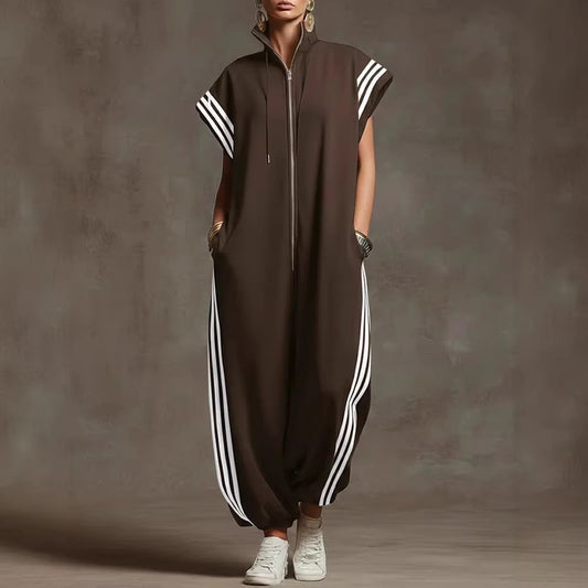 VVZ Stylish Color-Block Striped Jumpsuit with Zip-Up Stand Collar