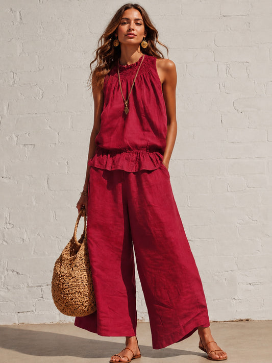 VVZ Women's Summer Solid-Color Casual Cotton-Linen Sleeveless Top and Trousers