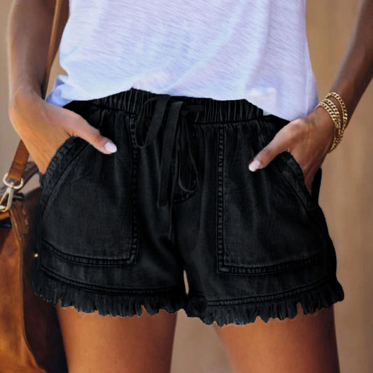 VVZ Women's Plain Drawstring Waist Denim Shorts
