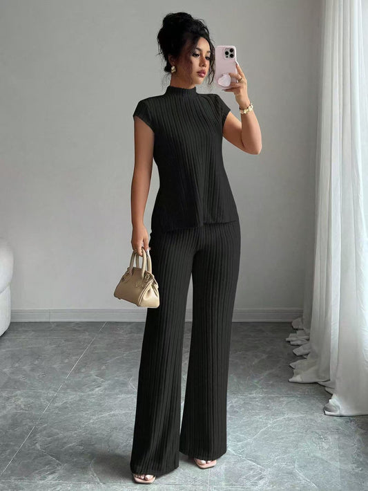 VVZ Soft Ribbed Knit Short Sleeve Top & Flare Trousers