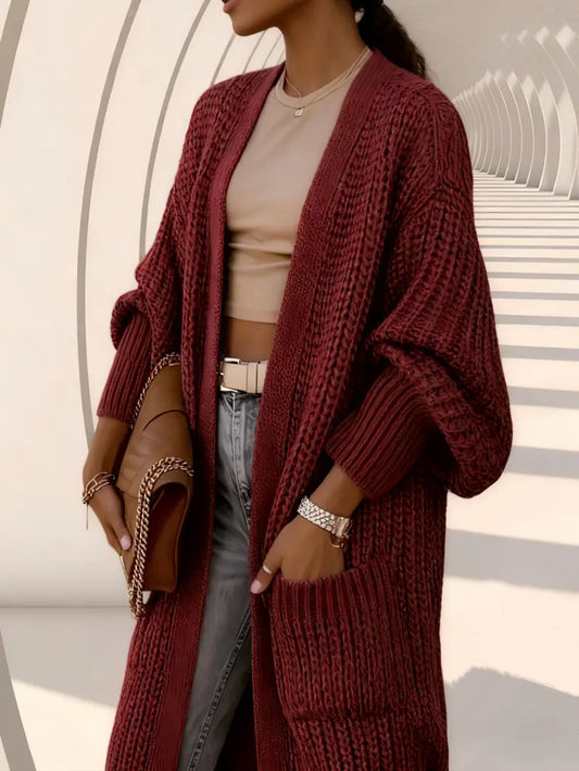 VVZ Women's Solid Drop Shoulder Long Cardigan, Casual Pocket Long Sleeve Cardigan