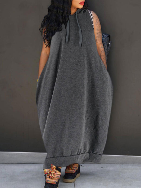 VVZ Women's Plain Drawstring Hooded Tank Dress