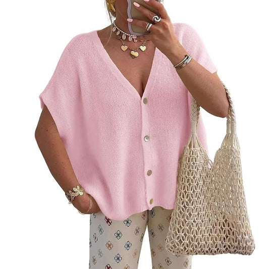 VVZ Lightweight, Short-Sleeve Batwing Knit Top with Button-Front V-Neck
