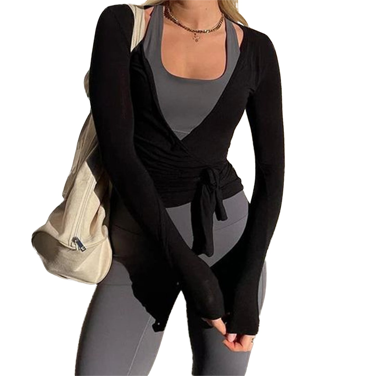 VVZ Long Sleeve Deep V Neck Solid ColorFit T-Shirts