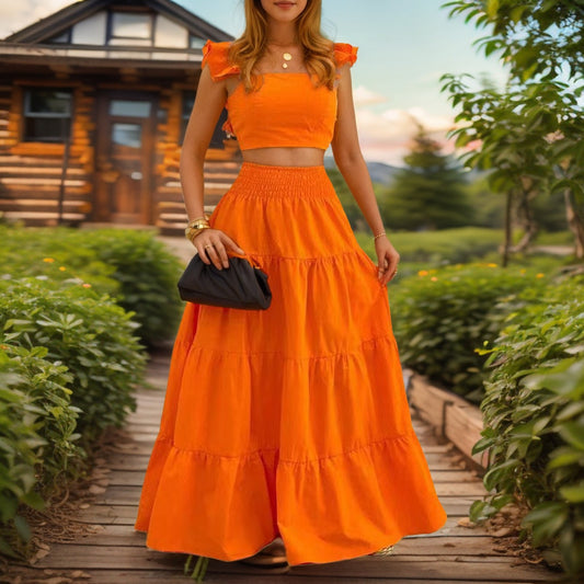 VVZ Women's Solid-Color Top and Long Skirt Two-Piece Set
