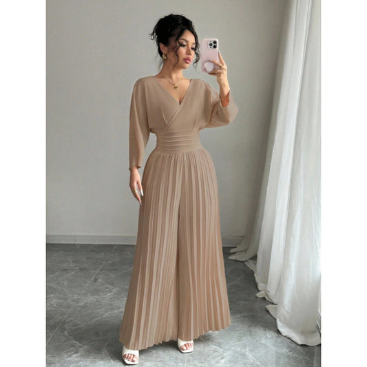 VVZ Women's Elegant V Neck Batwing Sleeve Pleated Wide Leg Pants