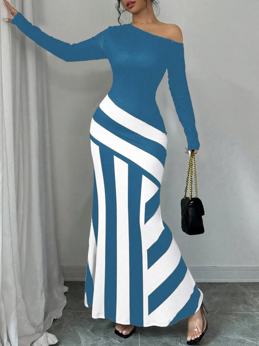 VVZ Women's Colorblock Striped Print Asymmetrical Neck Mermaid Dress