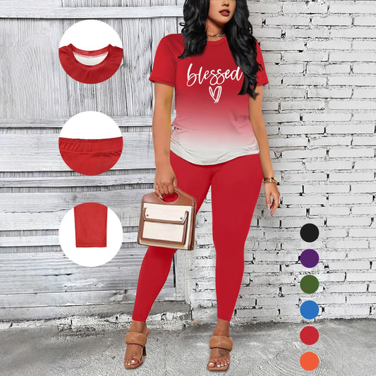 VVZ Women's Gradient Print T-Shirt and Slim-Fit Leggings Two-Piece Se