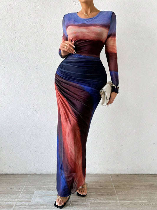 VVZ Sexy Mesh-Print Ruched Bodycon Dress with Round Neckline