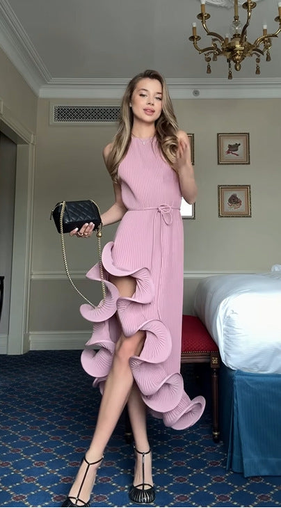 VVZ Irregular Ruffle, Sleeveless, Tie-Waist, Slim-Fit Dress
