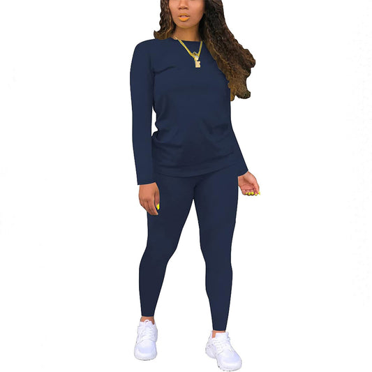 VVZ Women's Solid Long Sleeve Tee & Elastic Waist Pants Set