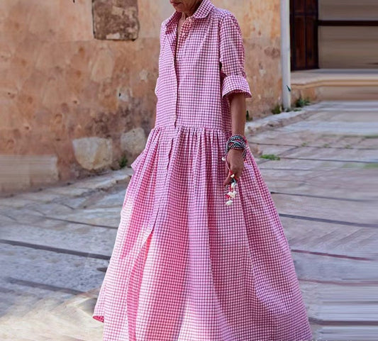 VVZ Women's Vintage Plaid Shirt Dress