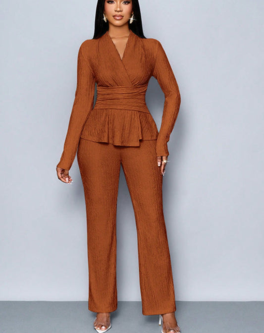 VVZ Women's Elegant V-Neck Long Sleeve Asymmetrical Hem T-Shirt & Wide-Leg Pants Two Piece Set