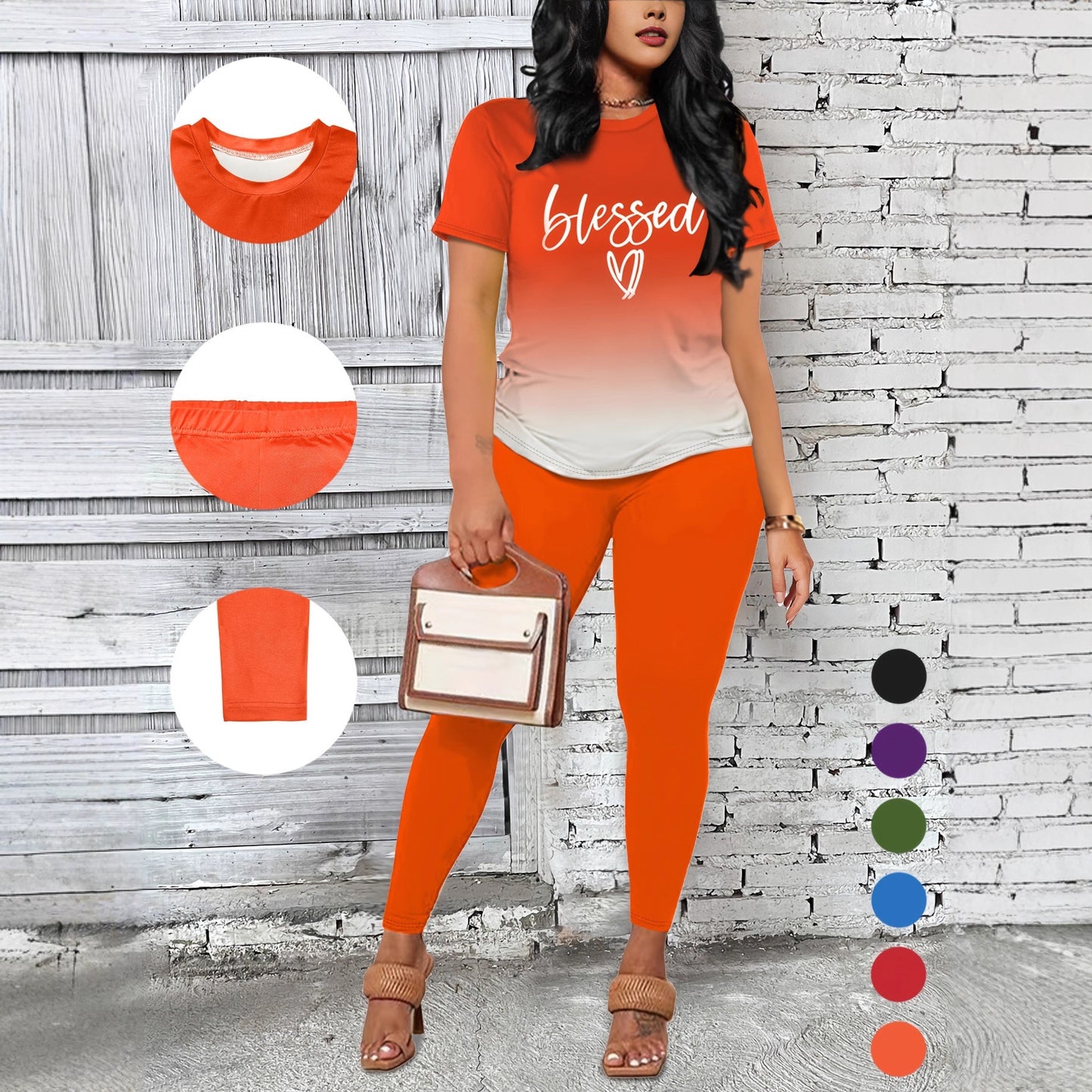 VVZ Women's Gradient Print T-Shirt and Slim-Fit Leggings Two-Piece Se