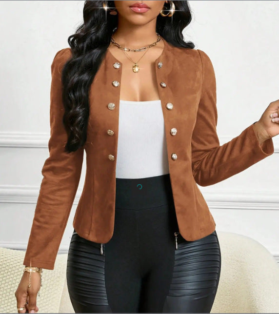 VVZ Women's Tan Suede Pearl Button Blazer