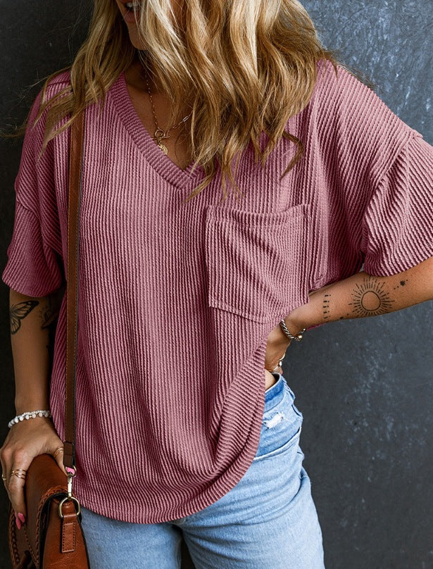 VVZ Women's Plain Textured Pocket V Neck Tee