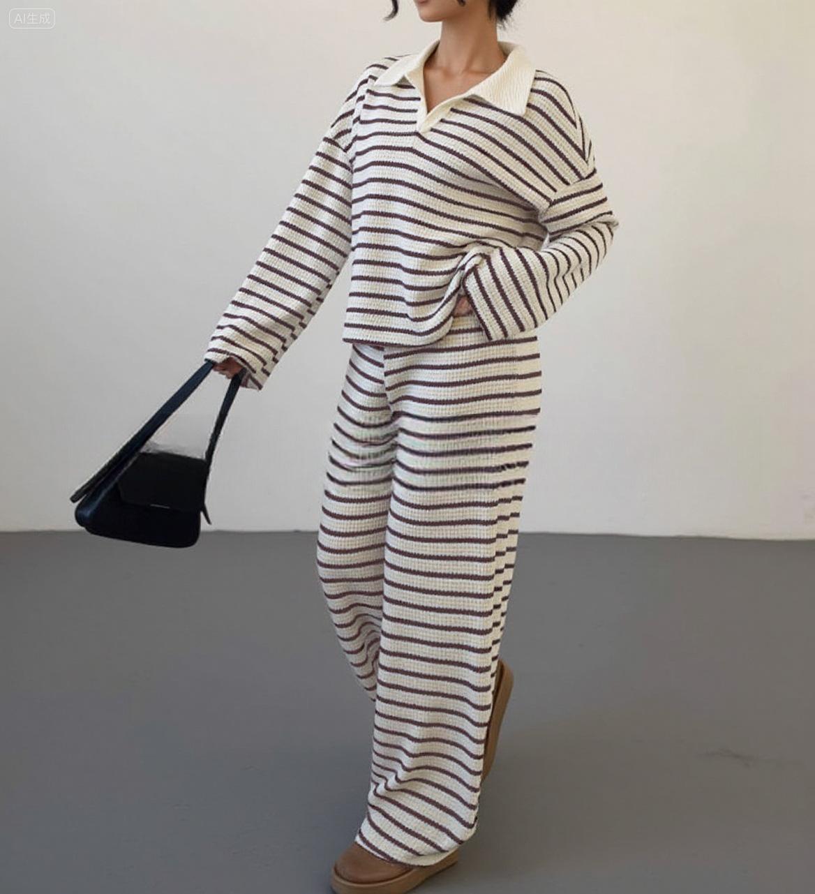 VVZ Women's Casual Color Matching Stripe Long Sleeve Top & Wide Leg Trousers Co-ord