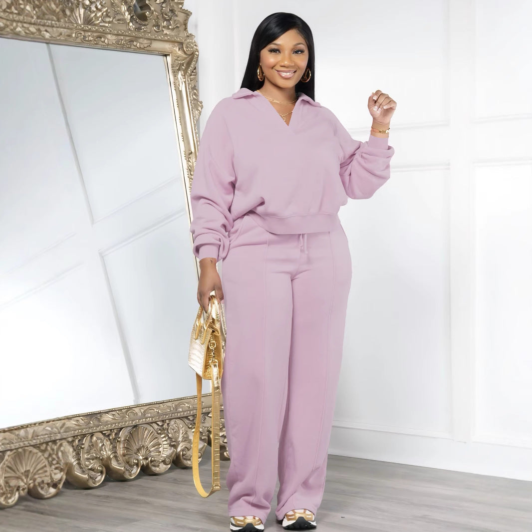 VVZ Women's Solid Long Sleeve Sweatshirt & Drawstring Waist Pants Set