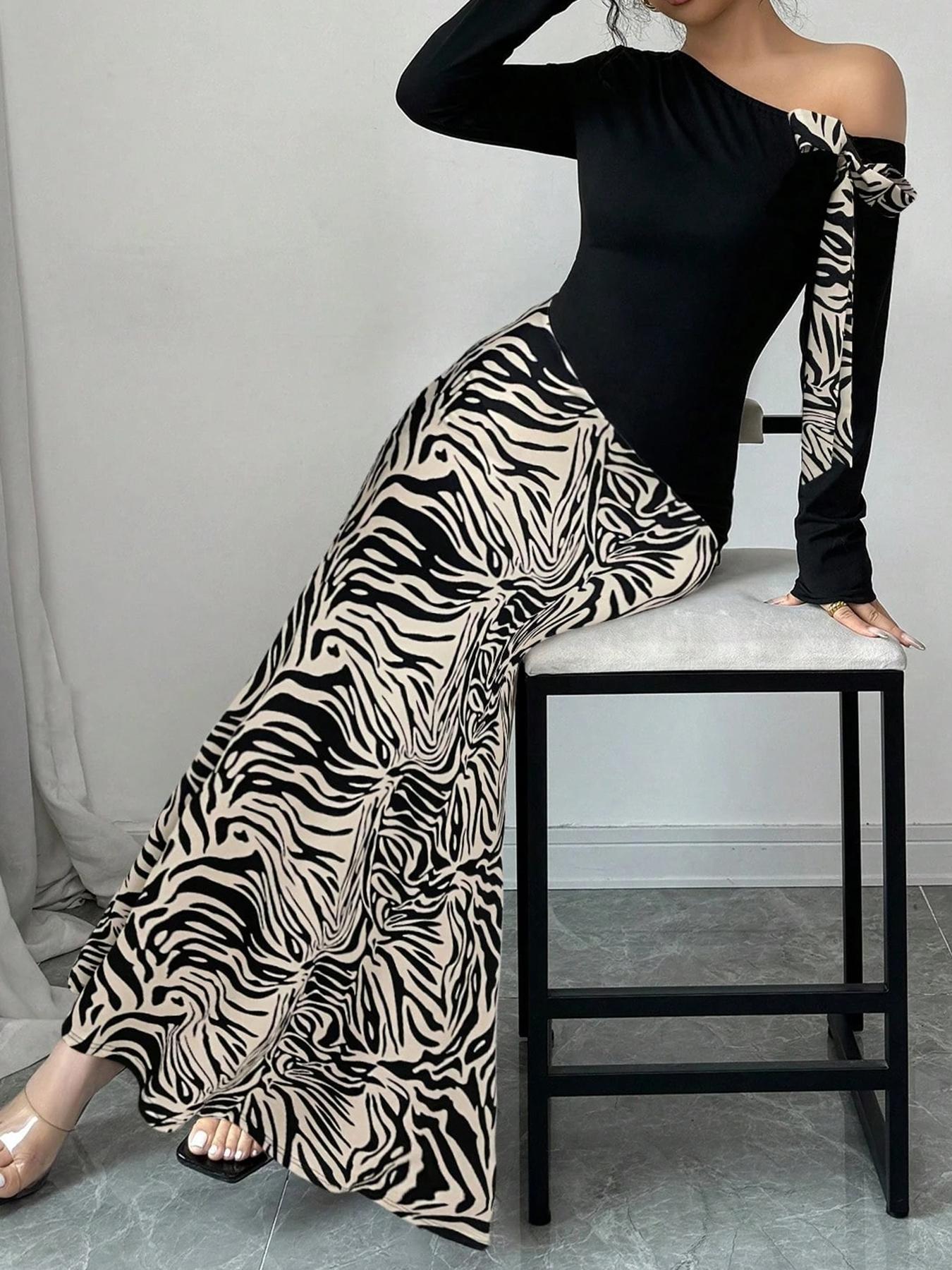 VVZ Women's Colorblock Striped Print Asymmetrical Neck Mermaid Dress