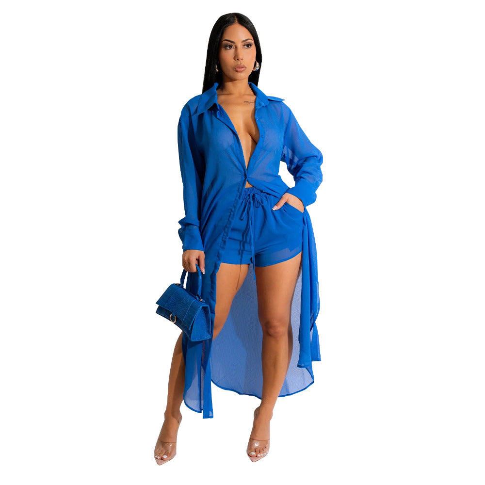 VVZ Women's Solid Color Button Front Shirt & Shorts Two-Piece Set