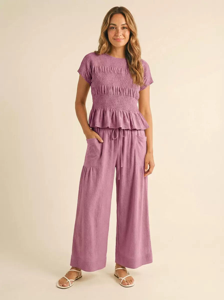 VVZ Women’s 2-Piece Smocked Top & Wide-Leg Pants Set