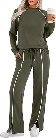 VVZ Women's Fashion New Round Neck Solid Color Patch Long Sleeve Top & Pants Set