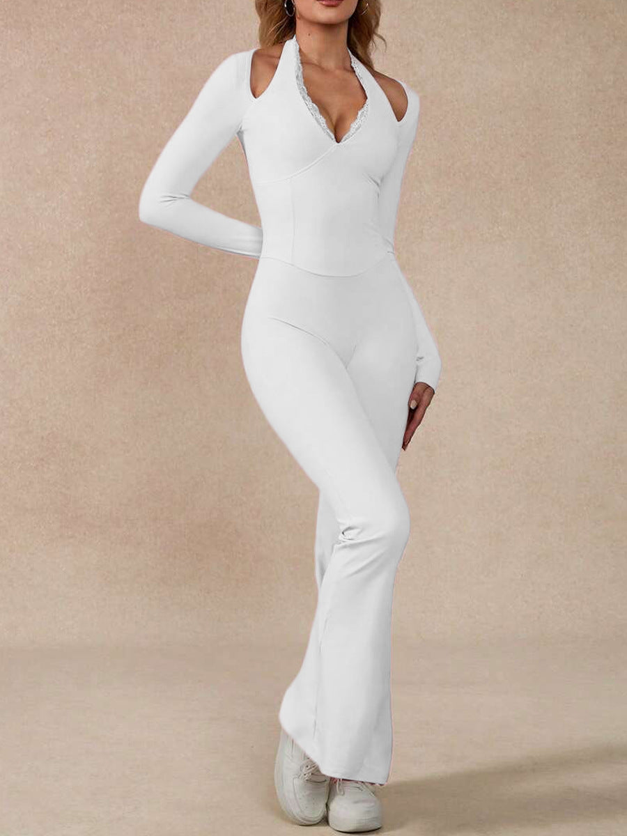 VVZ Women's Long-Sleeve Lace-Trim Halter Jumpsuit