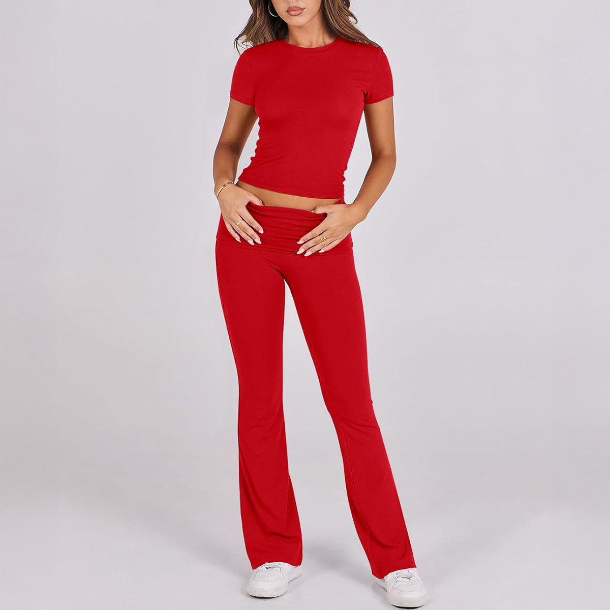 VVZ Women's Solid Color Crop Tee & Flare Leg Pants Two-piece Set