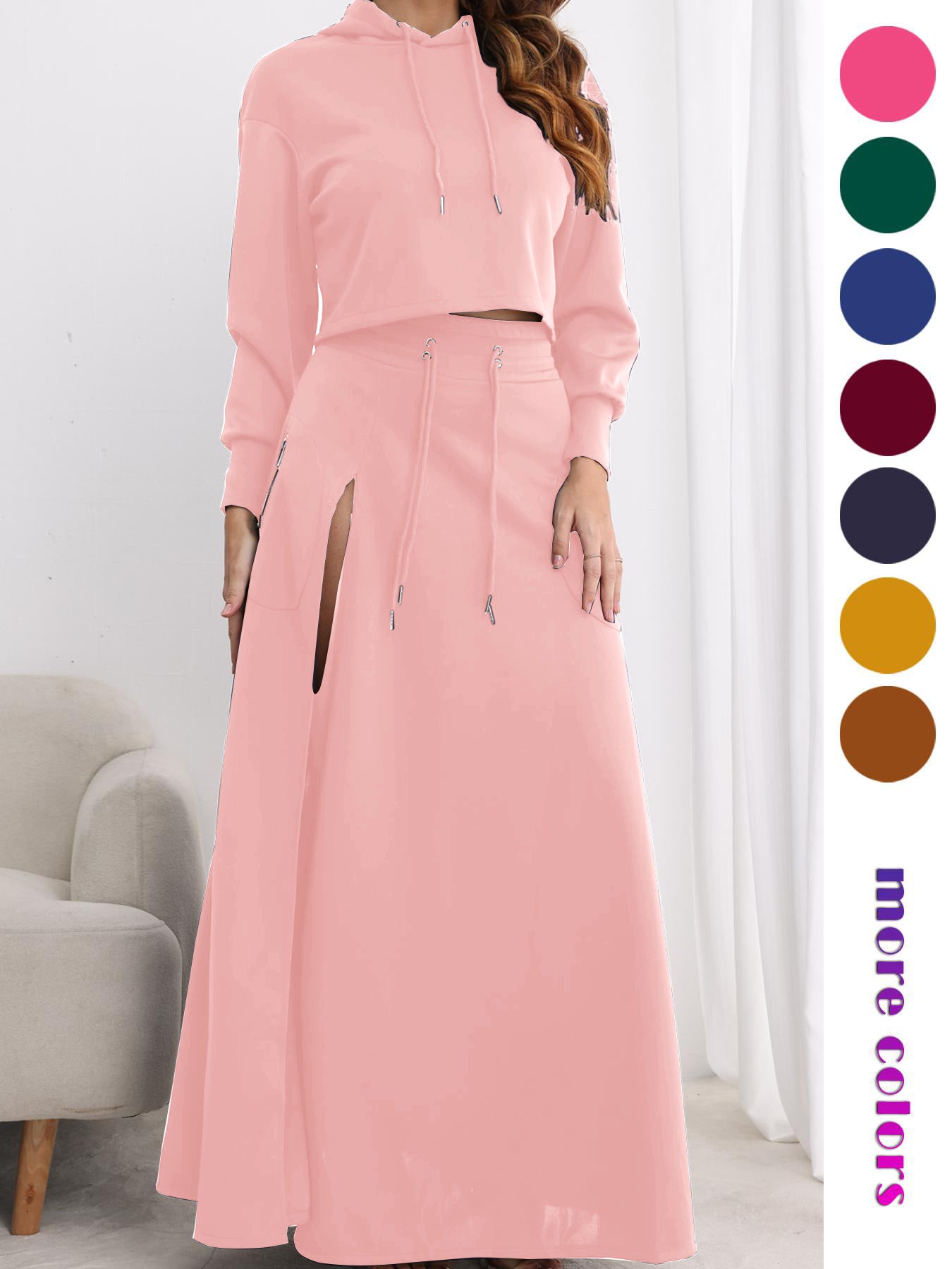VVZ Women's Solid Drawstring Hoodie & Split Thigh Skirt Set