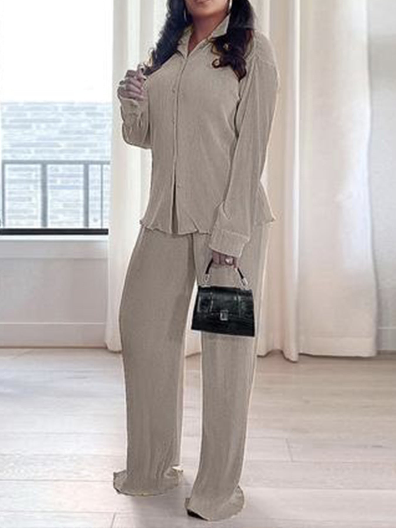 VVZ Women's Solid Button Front Shirt & Elastic Waist Pants Two-piece Set