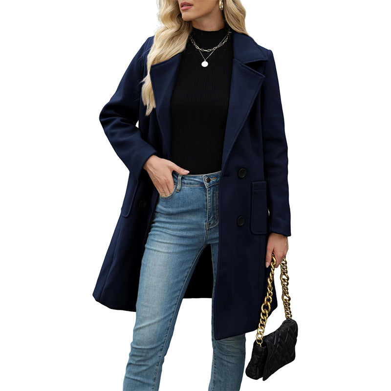 VVZ Women Winter Camel Mid-Long Coat Notch Double-Breasted Lapel Jacket Outwear