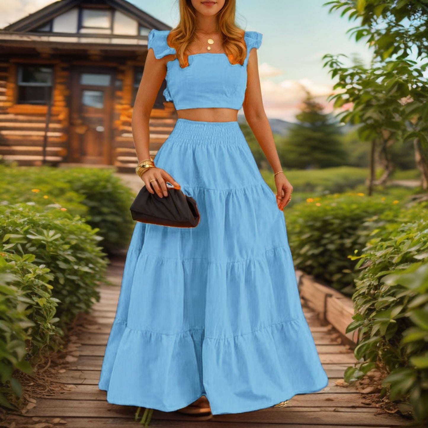 VVZ Women's Solid-Color Top and Long Skirt Two-Piece Set