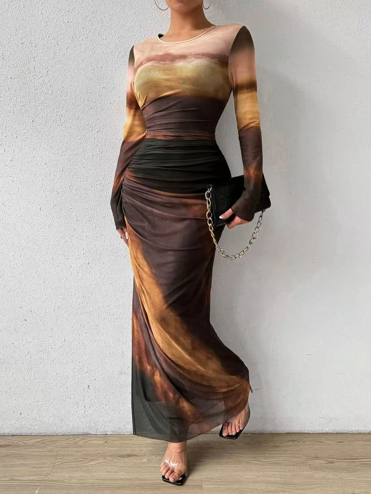 VVZ Sexy Mesh-Print Ruched Bodycon Dress with Round Neckline