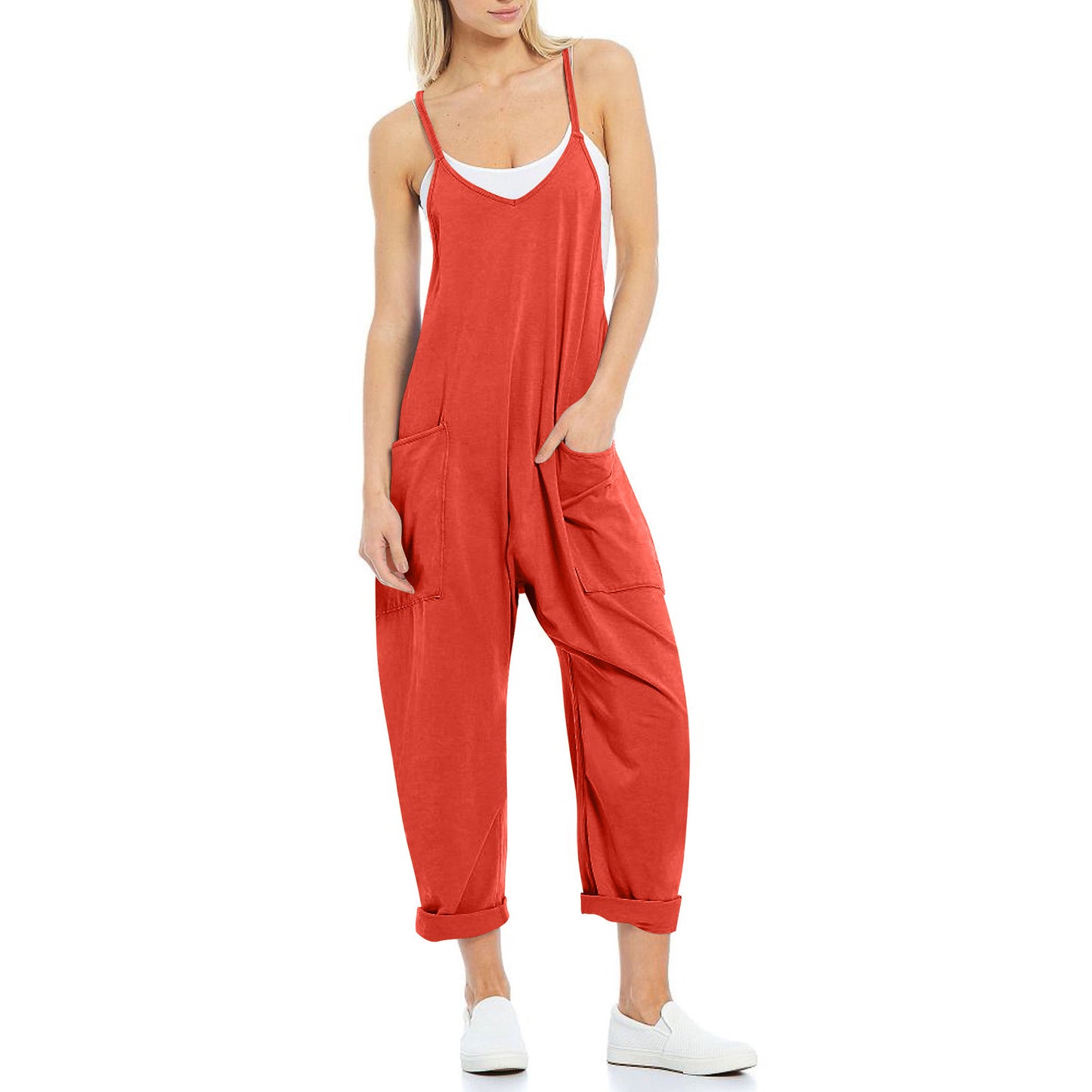 VVZ Women's solid color pocket V-neck overalls