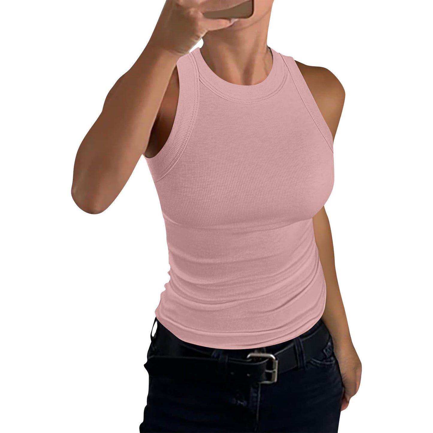 VVZ Women Summer Stretch Slim Round Neck Ribbed Tank