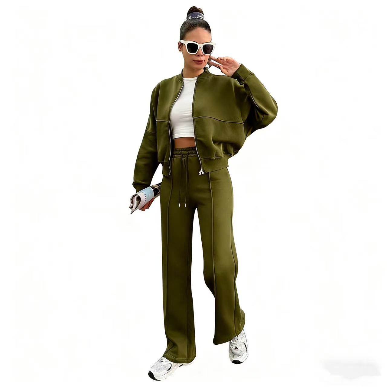 VVZ Women's Casual Striped Long Sleeve Zipper Jacket and Pants Set