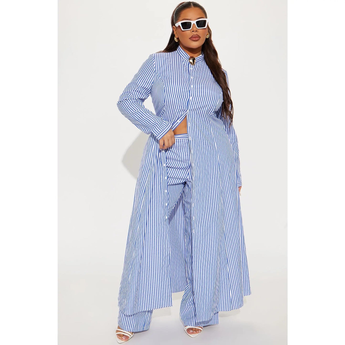 VVZ Elegant Striped Longline Cardigan Shirt & Casual Wide-Leg Trousers