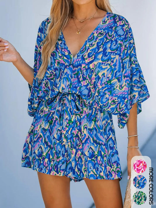 VVZ Women's All-Over Print V-Neck Wide-Leg Romper with Tie Waist