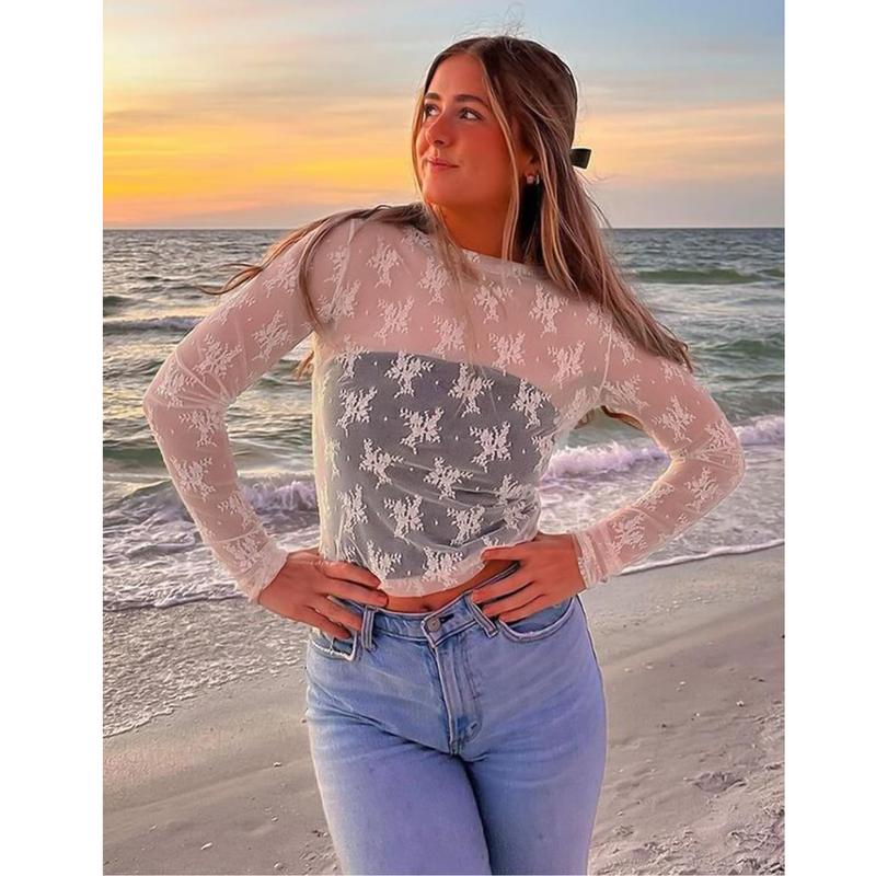 VVZ Womens Mesh Tops Lace Spring Long Sleeve Shirts