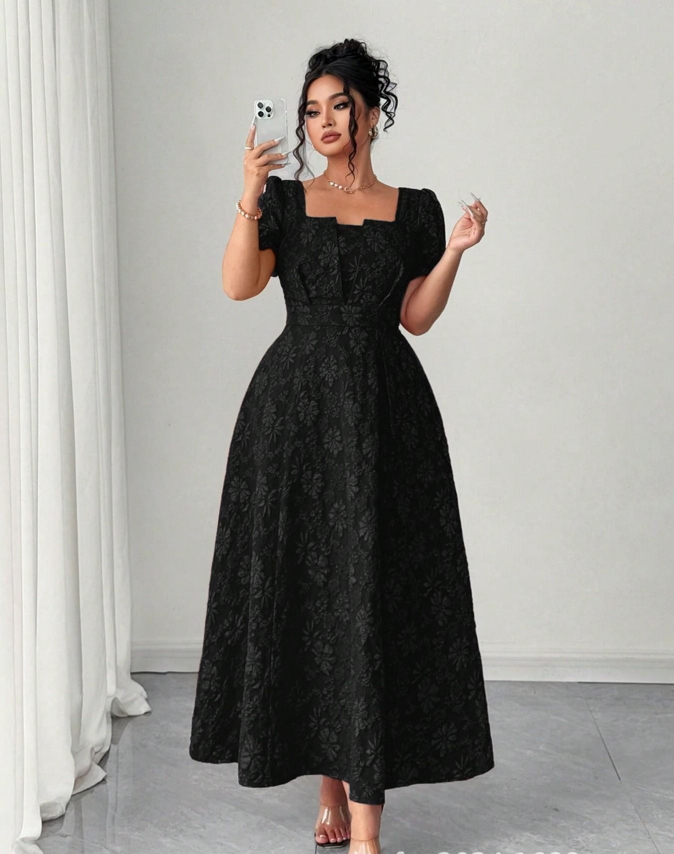 VVZ Plus-Size Embroidered A-Line Maxi Dress with Square Neckline, Puff Sleeves, and Tie Detail