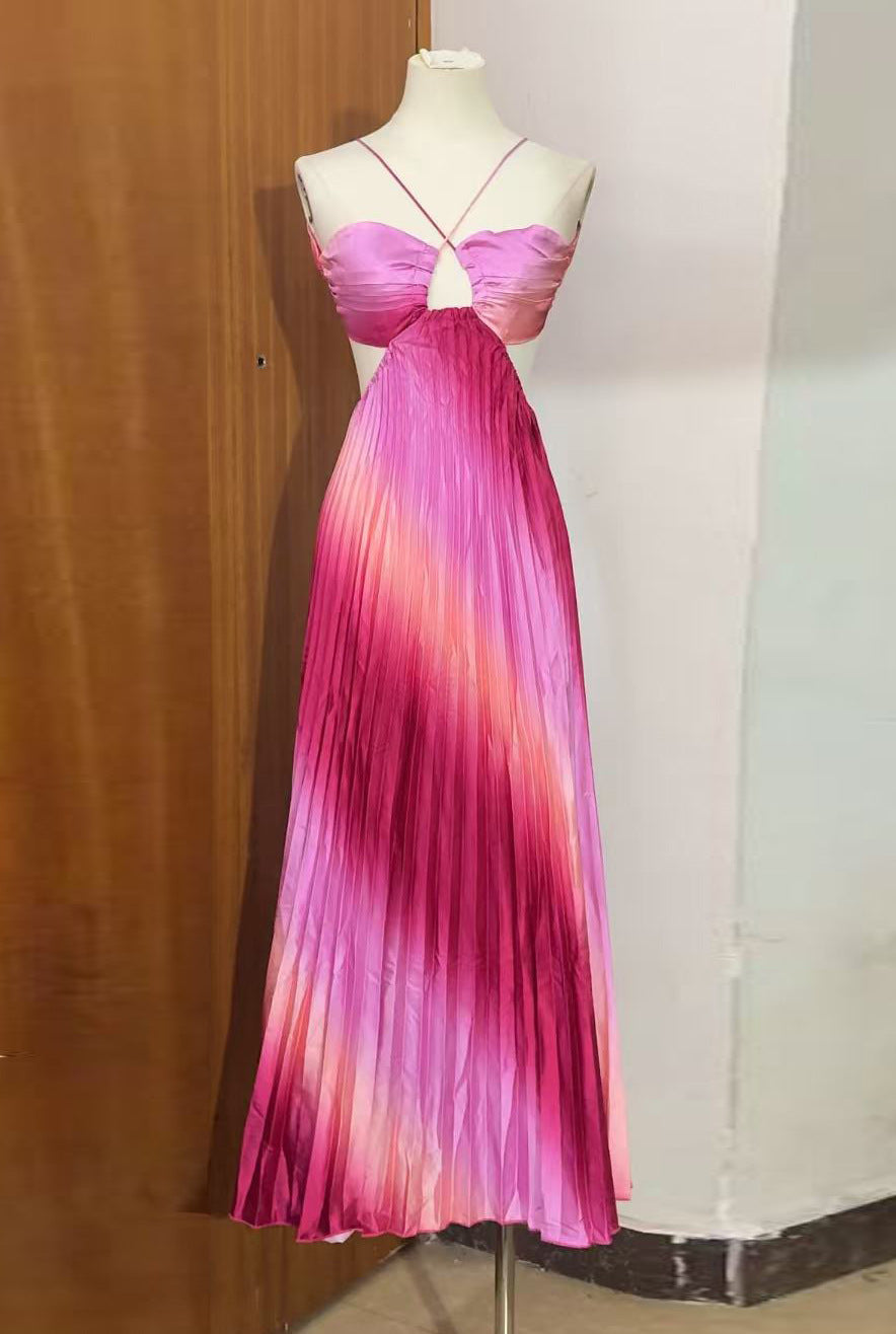 VVZ Pink Ombré Pleated Satin Long Gown