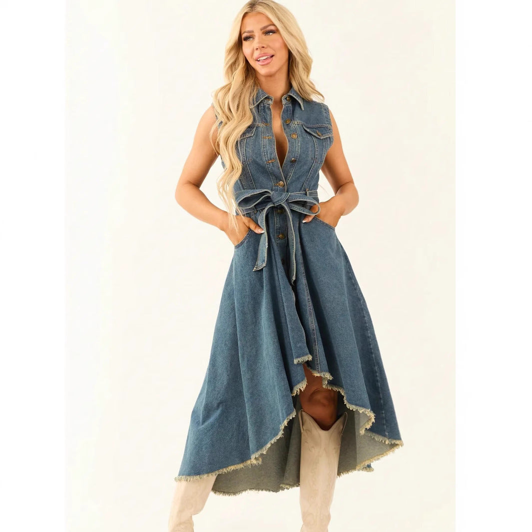 VVZ Women's Summer Retro-Style Sleeveless Denim Dress with Asymmetrical Hem