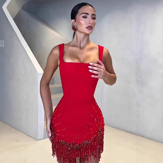 VVZ Sexy Spaghetti-Strap Fringe Dress