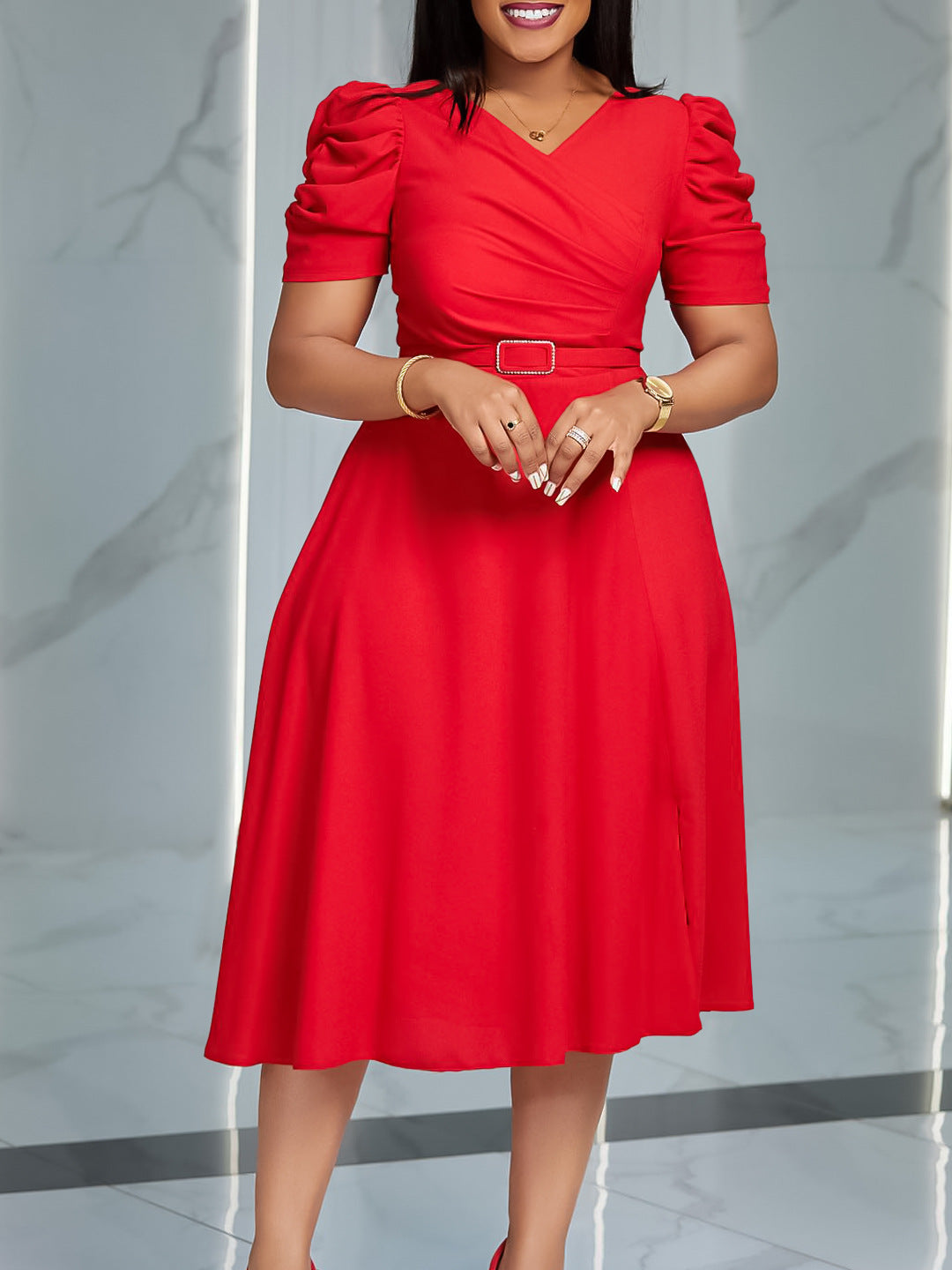 VVZ Women's Solid-Color Lace-Up V-Neck Dress