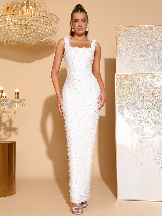 VVZ Beaded Floral Embellished, Fitted, Sleeveless, Square-Neck, Spaghetti-Strap Dress