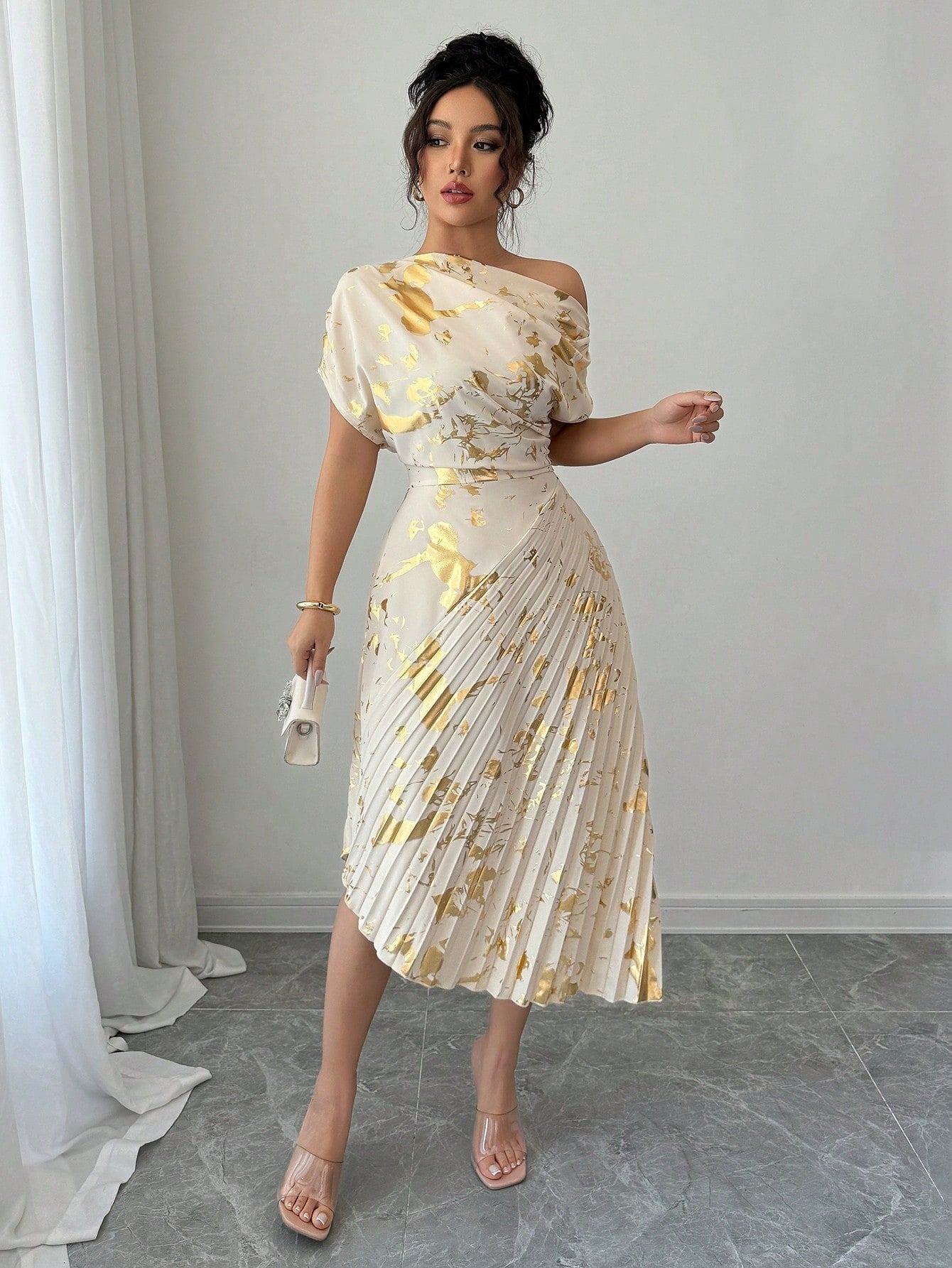 VVZ Women's All-Over Print Asymmetrical-Neck Formal Party Dress