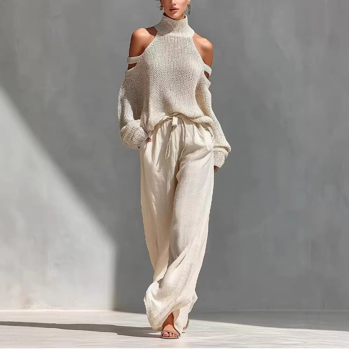 VVZ Women's beige knitted off-the-shoulder high-neck top and wide-leg trousers