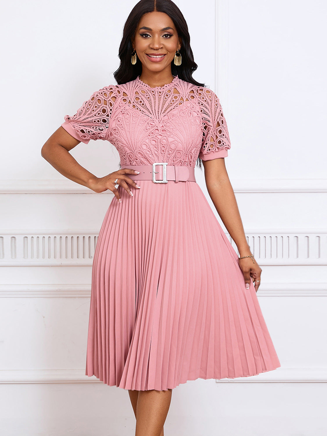VVZ Women's Solid-Color Round-Neck Puff-Sleeve Mini Dress