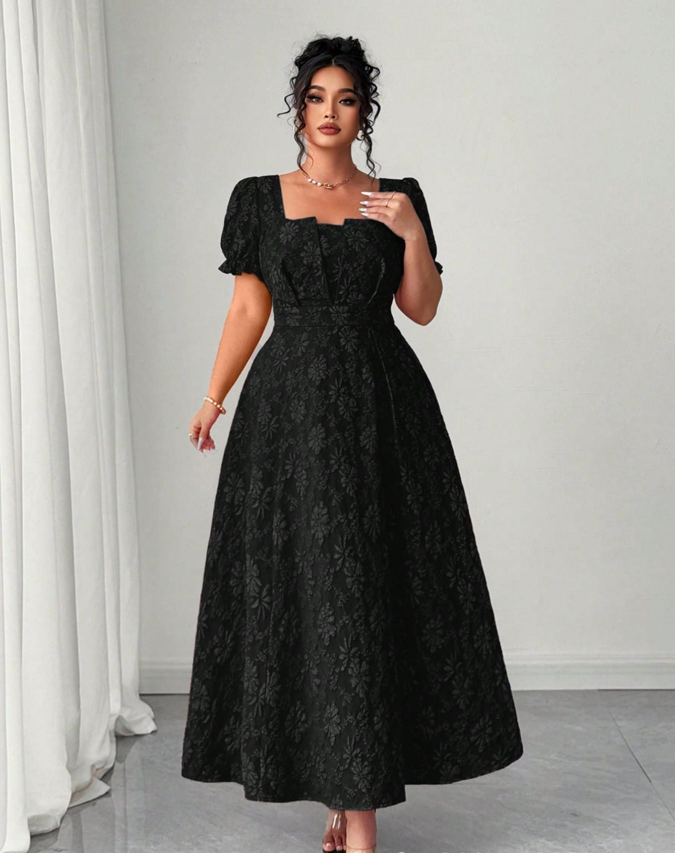 VVZ Plus-Size Embroidered A-Line Maxi Dress with Square Neckline, Puff Sleeves, and Tie Detail